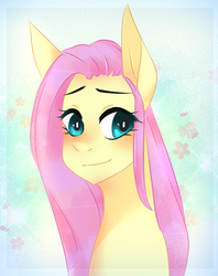 Size: 738x934 | Tagged: safe, artist:waterz-colrxz, fluttershy, pony, g4, big ears, bust, female, looking at you, mare, portrait, smiling, solo, stray strand, three quarter view