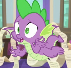 Size: 648x614 | Tagged: safe, screencap, spike, dragon, g4, the beginning of the end, claws, cropped, desk, flying, male, office, scroll, solo, spread wings, tail, twilight's office, winged spike, wings