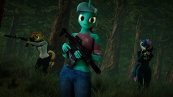 Size: 1920x1080 | Tagged: safe, artist:renaclock, bon bon, lyra heartstrings, sunset shimmer, sweetie drops, earth pony, anthro, g4, 3d, forest, grass, gun, looking at you, source filmmaker, tree, weapon