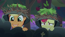 Size: 1920x1080 | Tagged: safe, screencap, apple bloom, applejack, earth pony, pony, g4, going to seed, apple tree, cute, female, helmet, jackabetes, scared, tree, varying degrees of want