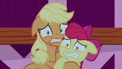 Size: 1920x1080 | Tagged: safe, screencap, apple bloom, applejack, earth pony, pony, g4, going to seed, apple sisters, barn, duo, female, filly, floppy ears, foal, gritted teeth, hug, mare, missing accessory, scared, siblings, sisters, sweet apple acres, teeth, wide eyes