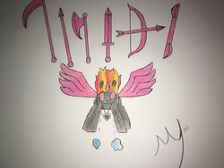 Size: 2048x1536 | Tagged: safe, artist:mystipony, oc, oc only, oc:mysti inferno, pony, unicorn, arrow, artificial wings, augmented, axe, bow (weapon), bow and arrow, crying, double bladed sword, glowing eyes, glowing horn, glowing wings, horn, jewelry, magic, magic wings, necklace, puddle, scythe, spear, sword, traditional art, weapon, wings