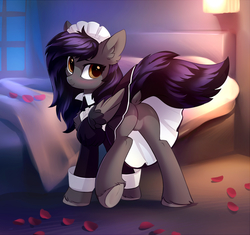 Size: 1593x1500 | Tagged: safe, artist:tomatocoup, edit, oc, oc only, oc:rune riddle, pegasus, pony, g4, adorasexy, blushing, butt, chest fluff, clothes, cute, dock, featureless crotch, female, looking at you, looking back, looking back at you, maid, maid headdress, mare, moe, plot, sexy, skirt, skirt lift, solo, sweet dreams fuel, tail upskirt, underhoof, unshorn fetlocks, upskirt