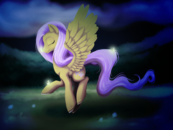 Size: 1333x1000 | Tagged: safe, artist:bel-assa, fluttershy, firefly (insect), pegasus, pony, g4, eyes closed, feather, female, mare, night, profile, solo, spread wings, wings