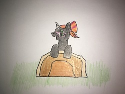 Size: 2048x1536 | Tagged: safe, artist:mystipony, oc, oc only, oc:mysti inferno, pony, unicorn, colored horn, colored pencil drawing, glasses, grass, green eyes, hair bun, horn, male, rock, stallion, traditional art