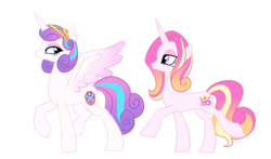 Size: 1900x1117 | Tagged: safe, artist:frowoppy, princess flurry heart, oc, oc:fleur de cadenza, alicorn, pony, unicorn, g4, concave belly, female, half-siblings, magical lesbian spawn, mare, offspring, older, older flurry heart, parent:fleur-de-lis, parent:princess cadance, parents:fleurdance, siblings, side view, simple background, sisters, slender, thin, transparent background