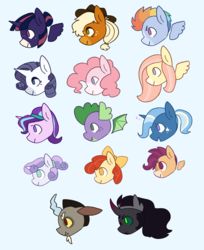 Size: 1280x1566 | Tagged: safe, artist:horsepowerred, apple bloom, applejack, discord, fluttershy, king sombra, pinkie pie, rainbow dash, rarity, scootaloo, spike, starlight glimmer, sweetie belle, trixie, twilight sparkle, draconequus, dragon, earth pony, pegasus, pony, unicorn, g4, adorabloom, alternate color palette, alternate hairstyle, beauty mark, bust, chibi, coat markings, cute, cutealoo, cutie mark crusaders, dashabetes, diapinkes, diasweetes, diatrixes, discute, female, filly, floating wings, glimmerbetes, hairband, jackabetes, male, mane seven, mane six, mare, open mouth, ponytail, profile, raribetes, redesign, shyabetes, simple background, smiling, sombradorable, spikabetes, stallion, sticker, sticker set, twiabetes, winged spike, wings
