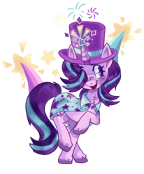 Size: 852x1032 | Tagged: safe, artist:trinoids, starlight glimmer, pony, unicorn, g4, assistant, blushing, cape, clothes, cute, dynamic pose, female, fireworks, gem, glimmerbetes, happy, hat, hoof in air, legs in air, legs raised, looking sideways, magic, magician, magician outfit, mare, open mouth, open smile, purple coat, purple eyes, simple background, smiling, solo, starry eyes, stars, striped mane, top hat, transparent background, wingding eyes
