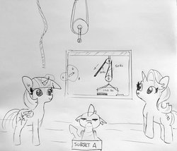 Size: 1681x1440 | Tagged: safe, artist:tjpones, spike, starlight glimmer, twilight sparkle, alicorn, dragon, pony, g4, chalk, chalkboard, glowing horn, horn, levitation, lineart, magic, monochrome, pulley, science, spike is not amused, telekinesis, traditional art, twilight sparkle (alicorn), unamused, winged spike, wings