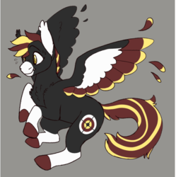 Size: 500x502 | Tagged: safe, artist:horsepowerred, oc, oc only, oc:mayday, pegasus, pony, bullseye, chest fluff, coat markings, colored wings, ear fluff, feather, female, flying, gray background, mare, plewds, request, scared, simple background, socks (coat markings), solo, sweat, wings