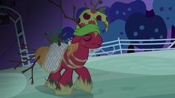 Size: 1920x1080 | Tagged: safe, screencap, big macintosh, earth pony, pony, g4, going to seed, branches for antlers, eyes closed, hat, male, nightcap, sleepwalking, solo, stallion