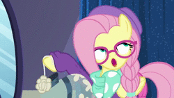 Size: 640x360 | Tagged: safe, screencap, fluttershy, pegasus, pony, fake it 'til you make it, season 8, spoiler:s08, alternate hairstyle, animated, clothes, dress, female, glasses, hat, hipstershy, hooves, mare, scarf, solo, that pony is woke, webm, wings