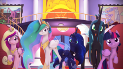 Size: 3840x2160 | Tagged: safe, artist:loveslove, princess cadance, princess celestia, princess luna, queen chrysalis, twilight sparkle, alicorn, changeling, changeling queen, pony, 3d, 4k, :p, alicorn tetrarchy, female, hoof shoes, jewelry, lidded eyes, looking at you, mare, peytral, raised hoof, regalia, smiling, source filmmaker, tongue out, twilight sparkle (alicorn)