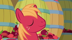 Size: 1920x1080 | Tagged: safe, screencap, big macintosh, earth pony, pony, g4, going to seed, apple, barrel, food, male, solo