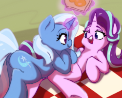 Size: 1500x1200 | Tagged: safe, artist:rockset, starlight glimmer, trixie, pony, unicorn, g4, student counsel, cute, duo, food, levitation, looking at each other, magic, open mouth, picnic, picnic blanket, sandwich, telekinesis, underhoof