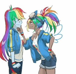 Size: 1000x978 | Tagged: safe, artist:puri__kyua, kotobukiya, rainbow dash, human, equestria girls, g4, my little pony equestria girls: better together, clothes, dark skin, female, human coloration, humanized, jacket, kotobukiya rainbow dash, self paradox, shorts, tank top