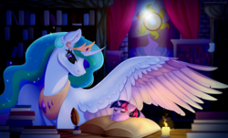 Size: 5300x3200 | Tagged: safe, artist:isorrayi, princess celestia, twilight sparkle, alicorn, pony, unicorn, g4, book, bookshelf, candle, colored wings, curved horn, cute, cutelestia, female, filly, filly twilight sparkle, horn, inkwell, momlestia, multicolored wings, quill, sleeping, spread wings, wings, younger