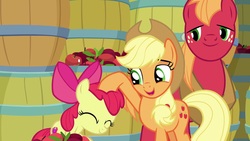 Size: 1920x1080 | Tagged: safe, screencap, apple bloom, applejack, big macintosh, earth pony, pony, g4, going to seed, barrel, cutie mark, female, filly, male, mare, noogie, stallion, the cmc's cutie marks