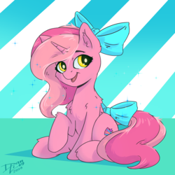 Size: 1920x1920 | Tagged: safe, artist:danli69, oc, oc only, oc:candy heart, pony, unicorn, bow, female, hair bow, mare, open mouth, sitting, smiling, solo, sparkles, tail bow