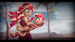 Size: 9600x5400 | Tagged: safe, artist:imafutureguitarhero, sunset shimmer, pony, unicorn, anthro, g4, 3d, absurd file size, absurd resolution, adidas, adorable face, anthro ponidox, anthro with ponies, arm fluff, arm freckles, behaving like a cat, black bars, chin fluff, chromatic aberration, clothes, colored eyebrows, colored eyelashes, cute, daaaaaaaaaaaw, duality, dust, ear fluff, evening gloves, female, film grain, fingerless gloves, fluffy, freckles, fur, gloves, happy, holding a pony, horn, leg fluff, letterboxing, long gloves, long mane, mare, multicolored hair, multicolored mane, multicolored tail, nail polish, nexgen, nose wrinkle, outdoors, pants, particles, peppered bacon, puffy cheeks, raised hoof, raspberry noise, scrunchy face, self ponidox, shimmerbetes, shoulder fluff, shoulder freckles, signature, silly, silly pony, smiling, source filmmaker, sports bra, tongue out, trackpants, tree, wall of tags, windswept hair, windswept mane, windswept tail