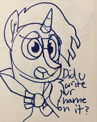 Size: 1874x2337 | Tagged: safe, artist:rainbow eevee, sunburst, pony, g4, bust, cape, clothes, glasses, lineart, male, pen drawing, question, solo, traditional art