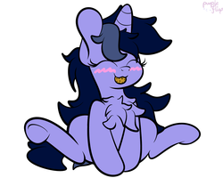 Size: 2500x2000 | Tagged: dead source, safe, artist:php142, oc, oc only, oc:purple flix, pony, unicorn, blushing, chest fluff, cookie, cute, eyes closed, female, food, high res, nom, rule 63, simple background, sitting, solo, spread legs, spreading, white background
