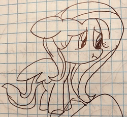 Size: 2849x2622 | Tagged: safe, artist:rainbow eevee, fluttershy, pony, g4, female, floppy ears, graph paper, high res, lineart, old art, pen drawing, scrunchy face, solo, traditional art