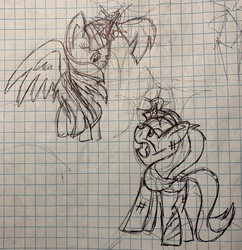 Size: 2879x2976 | Tagged: safe, artist:rainbow eevee, starlight glimmer, twilight sparkle, pony, g4, duo, glowing horn, graph paper, high res, horn, injured, lineart, pen drawing, traditional art