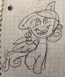Size: 2687x3184 | Tagged: safe, artist:rainbow eevee, oc, oc only, unnamed oc, pony, behaving like a dog, graph paper, high res, lineart, one ear down, pen drawing, smiling, solo, traditional art