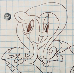 Size: 2325x2294 | Tagged: safe, artist:rainbow eevee, fluttershy, pony, g4, derp, female, graph paper, high res, lineart, pen drawing, smiling, solo, traditional art, wat