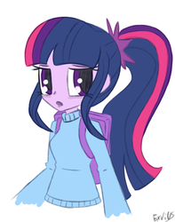 Size: 1052x1338 | Tagged: safe, artist:exvius, sci-twi, twilight sparkle, human, equestria girls, g4, backpack, clothes, cute, female, looking at you, open mouth, simple background, solo, sweater, turtleneck, white background
