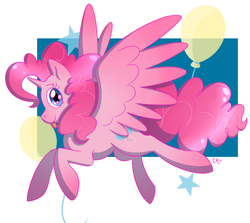 Size: 1280x1144 | Tagged: safe, artist:dippin-dott, pinkie pie, alicorn, pony, g4, abstract background, alicornified, balloon, cute, female, flying, looking at you, mare, pink coat, pink mane, pinkiecorn, race swap, solo, spread wings, stars, tongue out, wings, xk-class end-of-the-world scenario