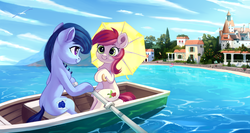 Size: 8300x4400 | Tagged: safe, artist:taneysha, bon bon, fluttershy, lyra heartstrings, pinkie pie, rainbow dash, roseluck, sweetie drops, oc, oc:raylanda, earth pony, pony, seagull, g4, absurd resolution, beautiful, boat, canon x oc, chest fluff, commission, cute, duo focus, featured image, female, funny background event, lesbian, looking at each other, love, mare, ocean, old-fashioned rowboat date, possible venetian, romantic, rosabetes, roselanda, scenery, scenery porn, shipping, sky, smiling, sweet dreams fuel, umbrella