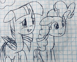Size: 3140x2558 | Tagged: safe, artist:rainbow eevee, pinkie pie, twilight sparkle, alicorn, pony, g4, duo, female, graph paper, high res, lineart, missing horn, old art, pen drawing, traditional art, twilight sparkle (alicorn)