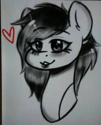 Size: 1384x1715 | Tagged: safe, artist:s-ansy, oc, oc only, oc:sleepy goodnight, earth pony, pony, blushing, bust, female, heart, mare, monochrome, solo, traditional art