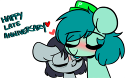 Size: 800x500 | Tagged: safe, artist:s-ansy, oc, oc only, oc:pouncer, oc:sleepy goodnight, earth pony, pony, animated, blushing, eyes closed, female, frame by frame, gif, hat, heart, male, mare, shipping, simple background, squigglevision, stallion, transparent background