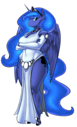 Size: 1402x2289 | Tagged: safe, artist:joenobody, princess luna, alicorn, anthro, unguligrade anthro, g4, beautisexy, big breasts, breasts, busty princess luna, cleavage, clothes, crossed arms, crown, dress, ethereal mane, evening gloves, eyeshadow, female, fingerless elbow gloves, fingerless gloves, gloves, jewelry, lidded eyes, long gloves, makeup, necklace, regalia, sexy, side slit, simple background, smiling, solo, transparent background, wide hips, wing fluff