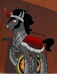 Size: 270x348 | Tagged: safe, screencap, king sombra, pony, unicorn, g4, the beginning of the end, armor, cape, clothes, cropped, crystal ball, grogar's orb, male, open mouth, raised hoof, solo, stallion