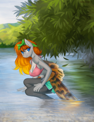Size: 1004x1300 | Tagged: safe, artist:margony, oc, oc only, oc:guppy freshwater, sea pony, anthro, anthro oc, bikini, bikini top, breasts, cleavage, clothes, commission, female, lake, mare, smiling, swimsuit, tree, ych result