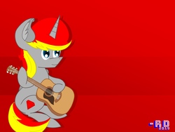 Size: 2048x1536 | Tagged: safe, artist:rubydeluxe, derpibooru exclusive, oc, oc only, oc:rd, alicorn, pony, alicorn oc, ear fluff, guitar, horn, looking up, neck fluff, signature, simple background, sitting, smiling, solo, wings