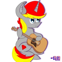 Size: 1483x1482 | Tagged: safe, alternate version, artist:rubydeluxe, derpibooru exclusive, oc, oc only, oc:rd, alicorn, pony, alicorn oc, ear fluff, guitar, horn, looking up, neck fluff, shading, signature, simple background, sitting, smiling, solo, wings
