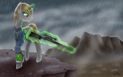 Size: 4033x2526 | Tagged: safe, artist:alicetriestodraw, oc, oc only, oc:littlepip, pony, unicorn, fallout equestria, clothes, cloud, cloudy, fanfic, fanfic art, female, glowing horn, gun, hooves, horn, jumpsuit, levitation, magic, mare, optical sight, pipbuck, rain, rifle, scope, sniper rifle, solo, telekinesis, vault suit, wasteland, weapon