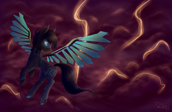 Size: 4852x3166 | Tagged: safe, artist:alicetriestodraw, oc, oc only, pegasus, pony, augmentation, augmented, contest prize, cybernetic wings, flying, lightning, prosthetics, solo, thunder, wings