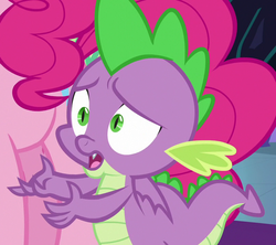 Size: 810x720 | Tagged: safe, screencap, pinkie pie, spike, dragon, g4, the beginning of the end, claws, cropped, male, offscreen character, winged spike, wings