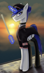 Size: 2121x3459 | Tagged: safe, artist:alicetriestodraw, oc, oc only, oc:mysza, pony, unicorn, baton, blue eyes, blue mane, clothes, high res, horn, magic, military, solo, telekinesis, uniform, white fur