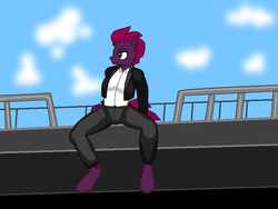 Size: 800x600 | Tagged: artist needed, safe, tempest shadow, anthro, g4, clothes, day, female, ship, sitting, sky, solo