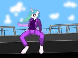 Size: 800x600 | Tagged: artist needed, safe, princess celestia, anthro, g4, clothes, day, female, ship, sitting, sky, solo