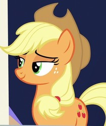 Size: 494x590 | Tagged: safe, screencap, applejack, earth pony, pony, g4, the beginning of the end, applejack's hat, cowboy hat, cropped, female, hat, mare, smiling, solo