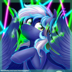 Size: 2000x2000 | Tagged: safe, artist:meowcephei, oc, oc only, oc:moonlight drop, pegasus, pony, bust, commission, headphones, high res, icon, music notes, neon, portrait, solo