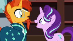 Size: 1200x675 | Tagged: safe, screencap, starlight glimmer, sunburst, pony, unicorn, g4, uncommon bond, confused, cute, female, glimmerbetes, looking at each other, male, mare, open mouth, smiling, stallion
